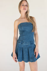 Strapless Denim Pleated Mini Dress