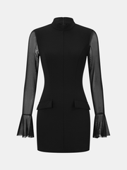 Sheer-Sleeve Flared-Cuff Mini Dress