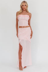 Frosted Sugar Ruffle Trim Split Midi Skirt Pink