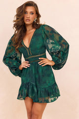 Verdure Arc Chiffon Mini Dress - Forest Green