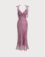 Purple Floral Ruffle Tie Strap Midi Dress