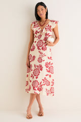 Cream and Red Jacqueline Flutter Sleeve Midi Dress