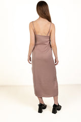 Taupe Satin Tie Front Maxi Dress