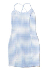 Blue Gingham Lace Up Back Mini Dress
