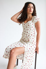 Rose Print Empire Waist Puff Sleeve Dress