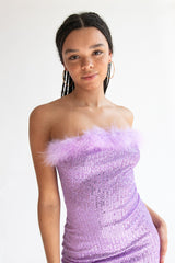 Sequin Fur Trim Strapless Mini Dress