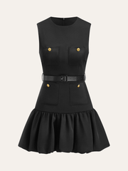 Ruffled Hem Metal Button Mini Dress Without Belt