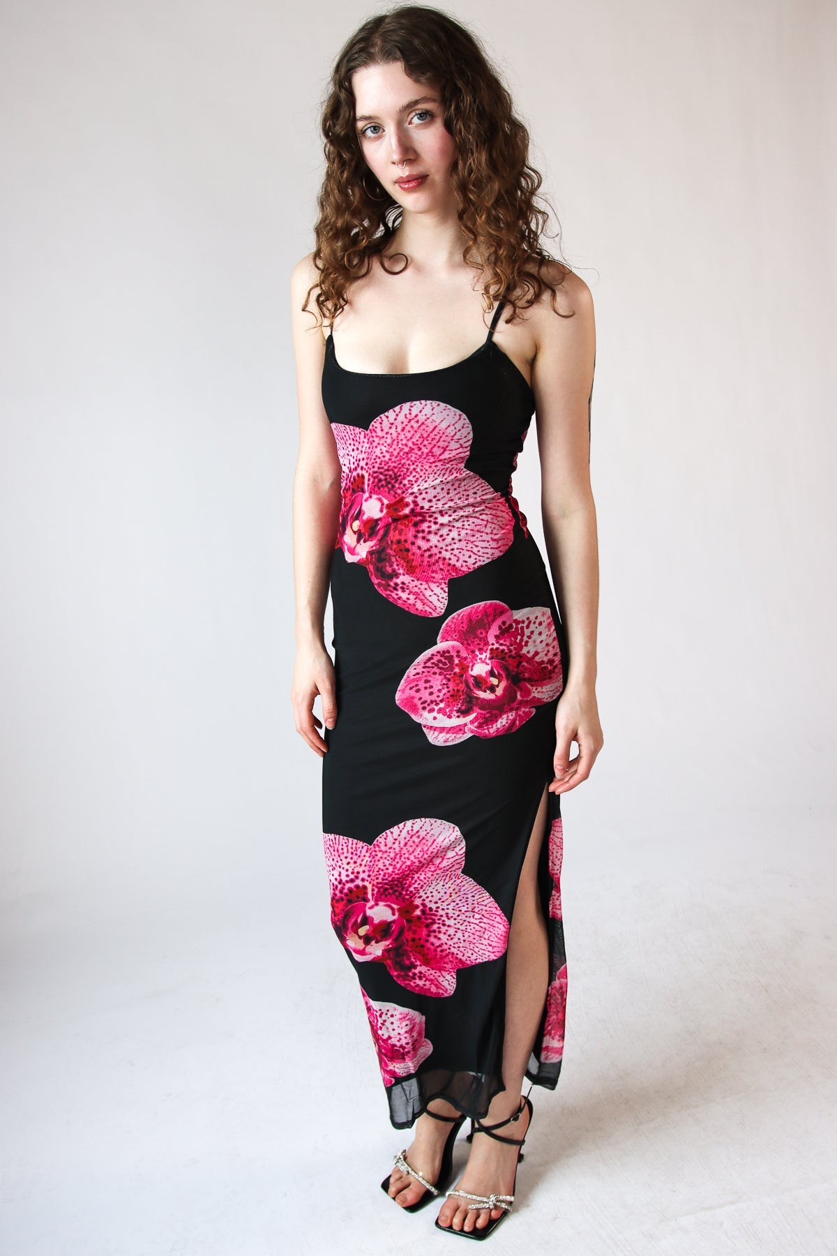Large Flower Print Mesh Maxi Dress
