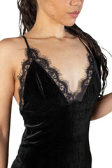 Black Lace Trim Velvet Mini Dress