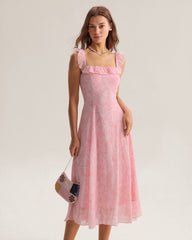 Pink Square Neck Ruffle Midi Dress