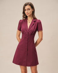 Red V Neck Button Mini Dress